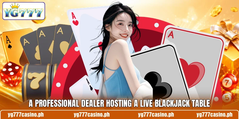A professional dealer hosting a live blackjack table A professional dealer hosting a live blackjack table
